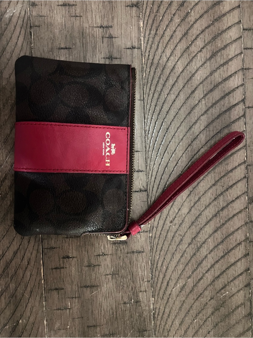 Coach Brown and Berry Signature Zip Wristlet with Strap